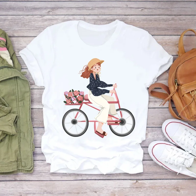 

Casual Cartoon T Shirts Women Tshirt Funny Bicycle with Flowers Summer Harajuku Short Sleeve White Woman Tops Tees,Drop Shipping