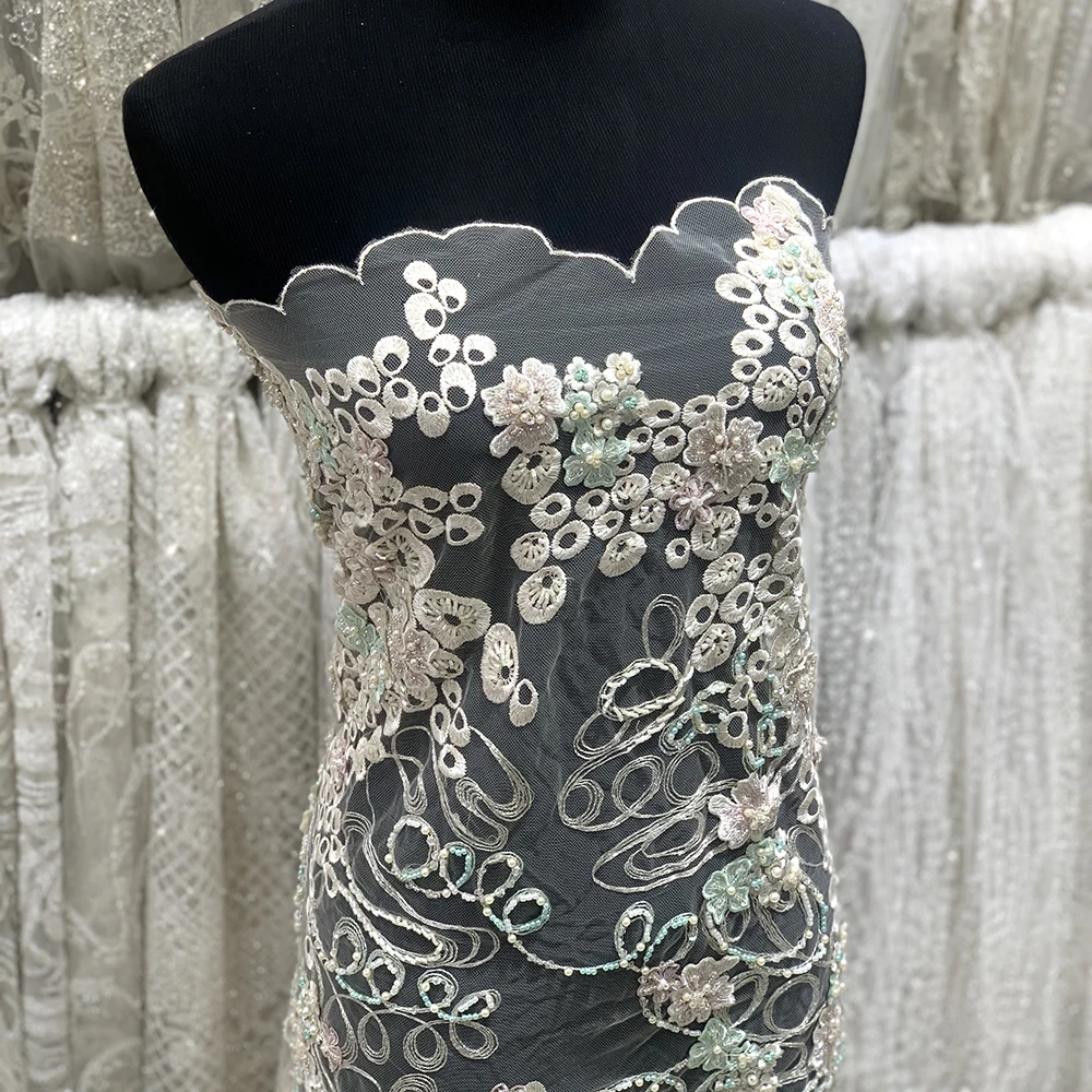 

Blue mix Pink/Yellow Handmade Beaded Flower Mesh Floral Embroidery Lace Fabric Applique Tulle For Sewing High Quality Lady Dress