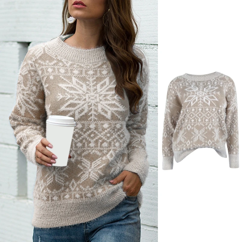 

Women Christmas Long Sleeve O-Neck Sweater Fuzzy Snowflake Knitted Jumper Top