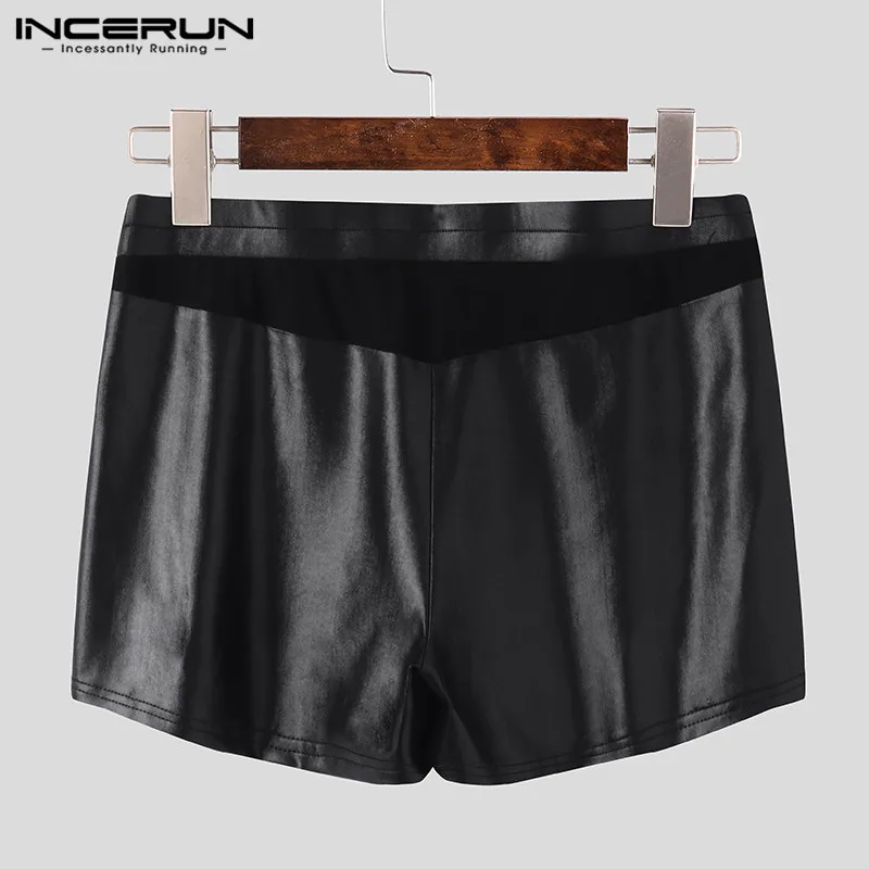 

INCERUN Fashion Men Sets Transparent 2021 Sleeveless Mesh PU Leather Patchwork Tops Sexy Shorts Party Nightclub Mens Suit S-5XL