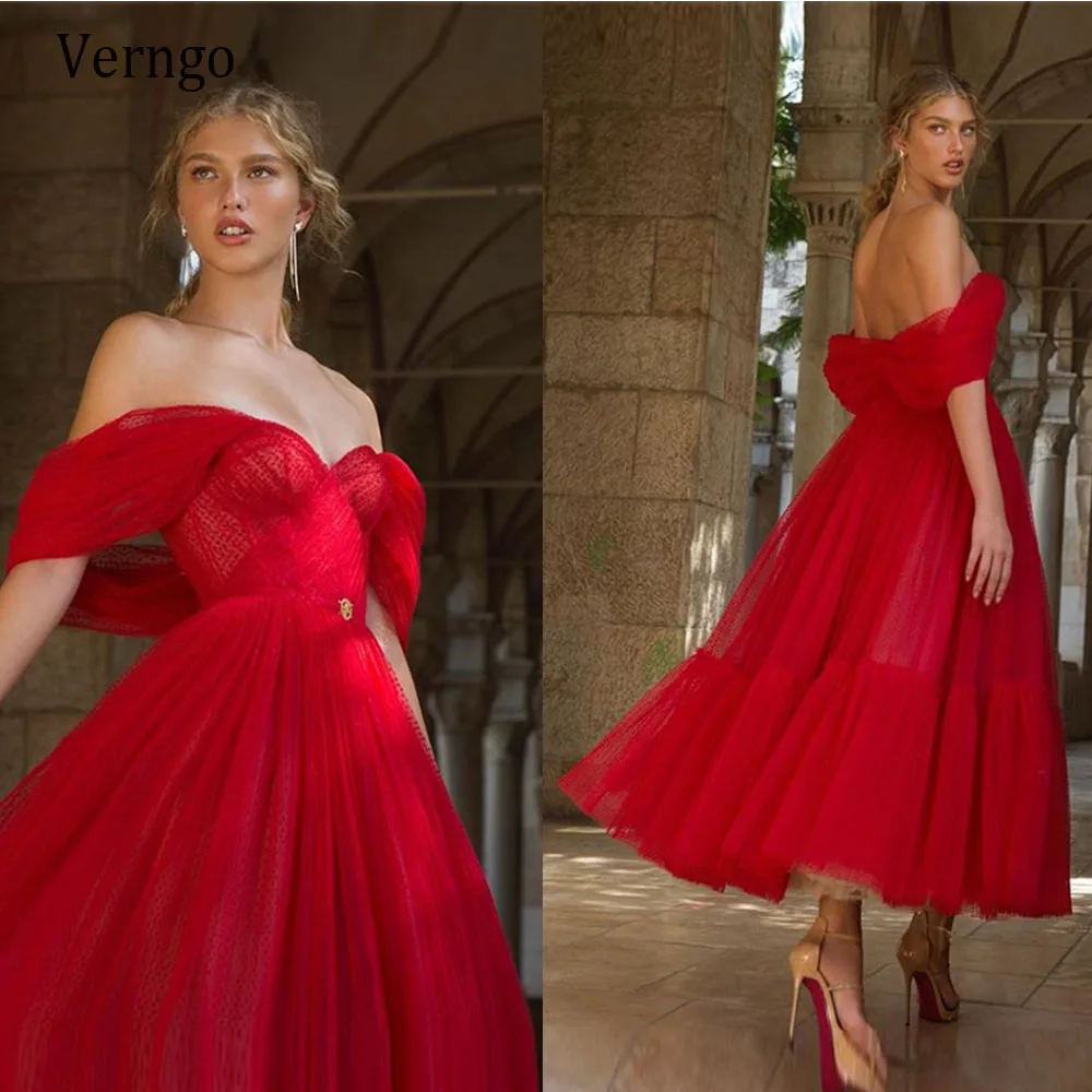 

Verngo Sexy Red Off the Shoulder Evening Dresses Ankle Length A Line With Sleeves Lady Formal Party Gowns