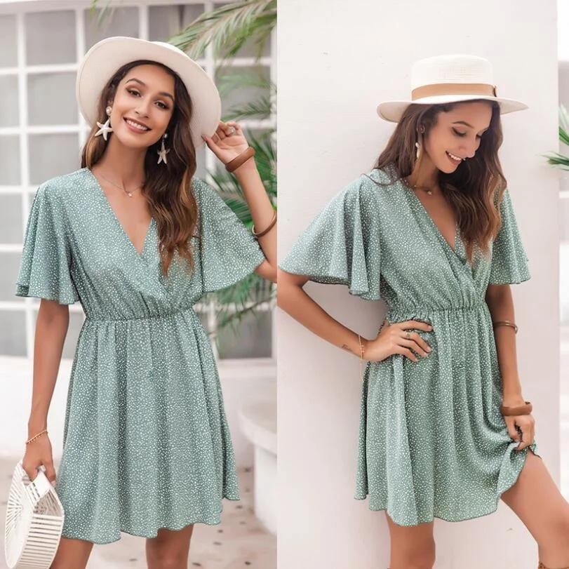 

Women Vintage Sexy Print Short Summer Dress Women Casual V Neck Ruffles Party Beach Mini Dress Sundress