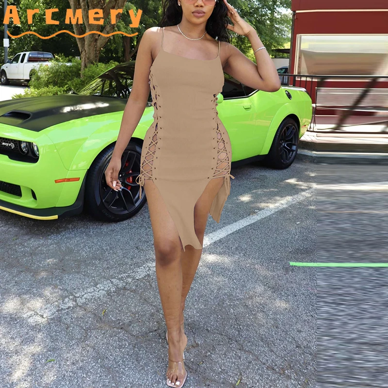 

Women Sleeveless Spaghetti Strap Side Lace Up Bodycon Mini Dress Sexy Party Club Dress