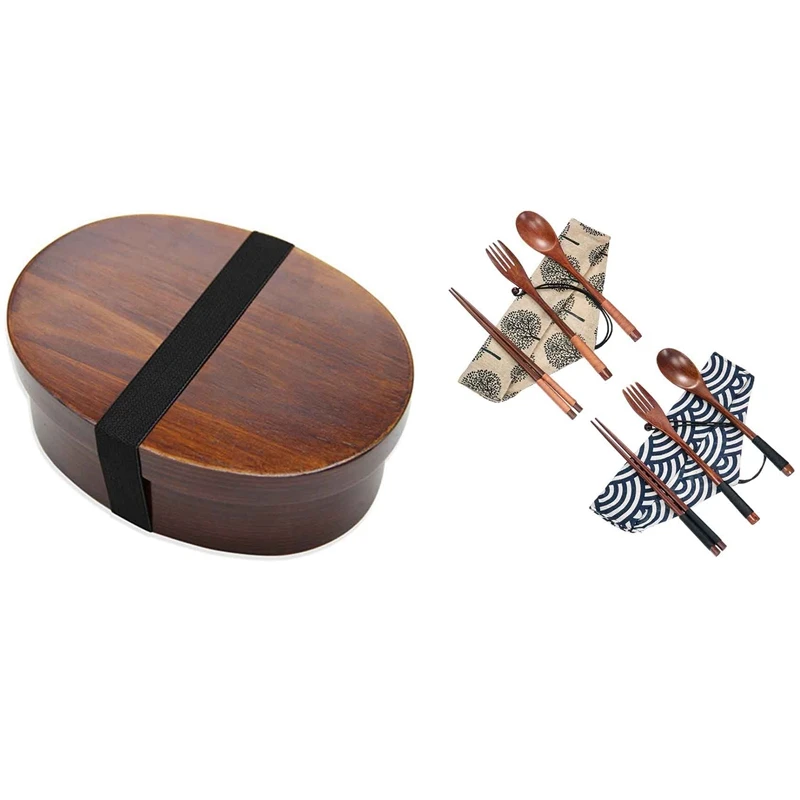 

1 деревянная коробка для ланча, пищевые контейнеры, Ланчбокс в японском стиле Бенто и 2 набора деревянных столовых приборов, набор столовых п...
