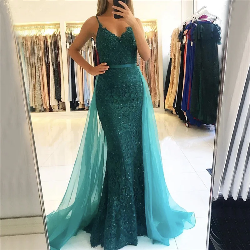 

BEPEITHY V-Neck Mermaid Long Dress Evening Dresses 2021 Vestido De Festa Green Lace Prom Party Gown Robe De Soiree