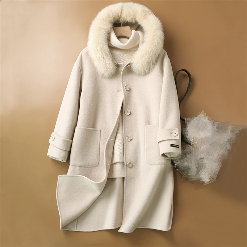 

High Quality Fox Fur Collar Double-sided 90% Wool Coat For Women Handmade Long Hooded Coat Women Autumn Winter Office Lady Coat