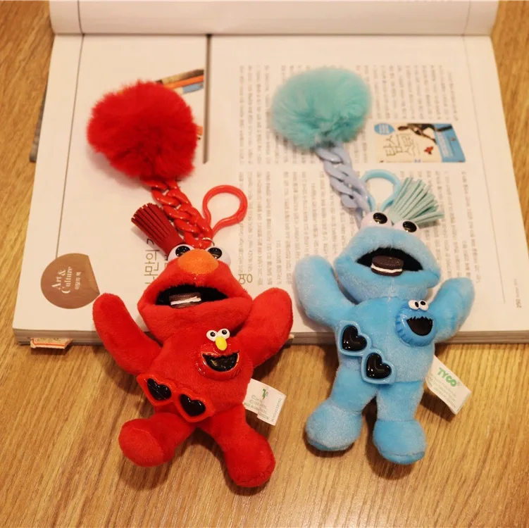 

High Quality Cartoon Sesame Street ELMO COOKIE MONSTER Plush Doll Keychain Pendant Women Bag Charms Car Accessories Keyring