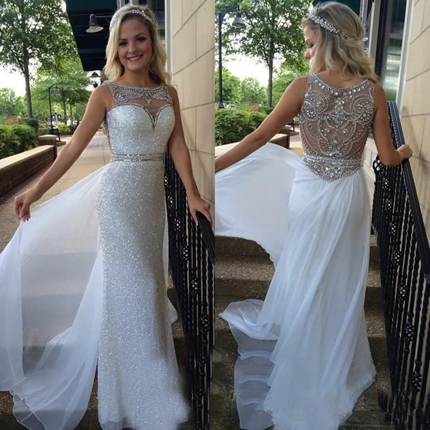 

Sparkly Sequined Prom Dresses with Chiffon Overskirts Vestidos De Noite Beaded Sexy Back Robe De Soirée De Mariage