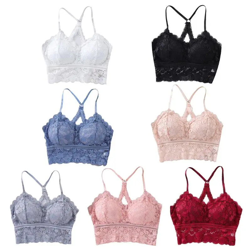Women Sexy Floral Lace Bralette Padded Racerback Bra Hollow Backless Crop Top X3UE