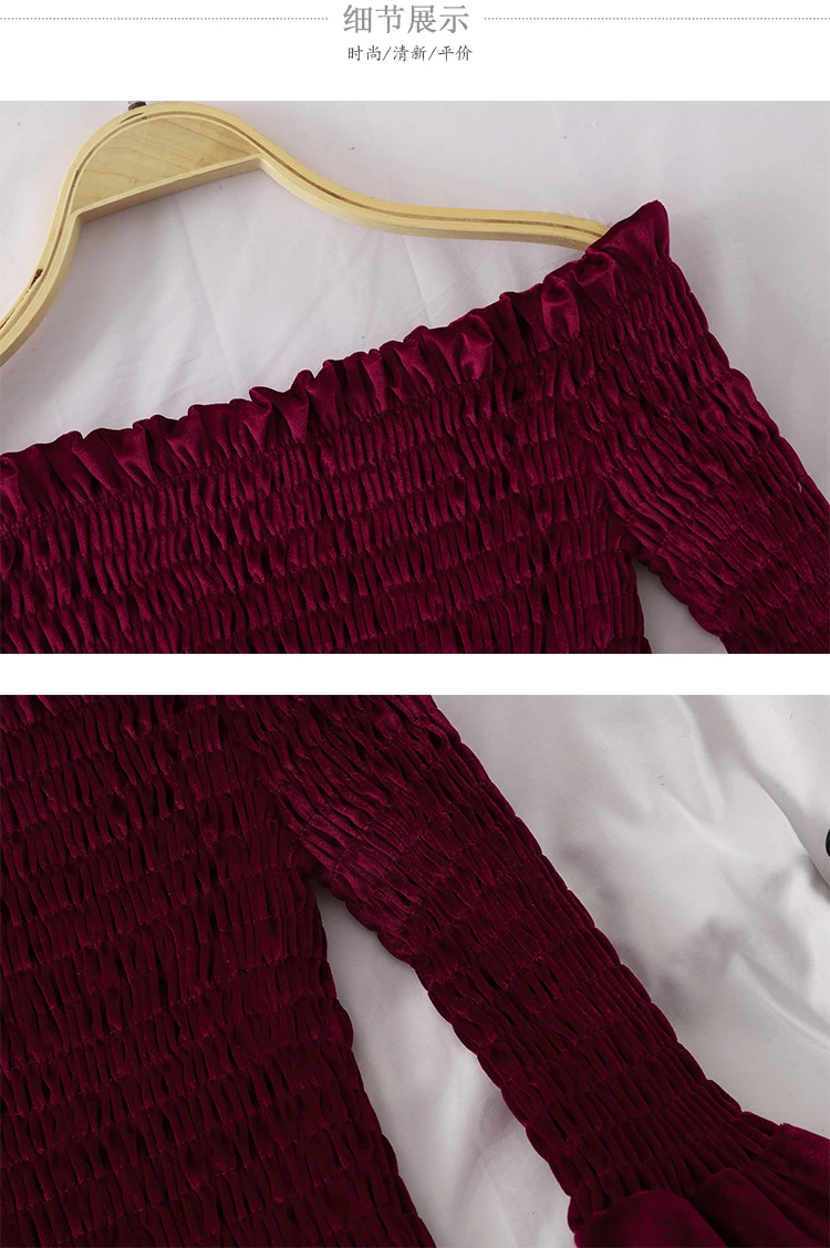 

Korean 2020 Women Blouse Blusas Elegant Flare Sleeve Sexy Slash Neck Shirts Short Pleated Slim Stretchy Tops Blouse For Female