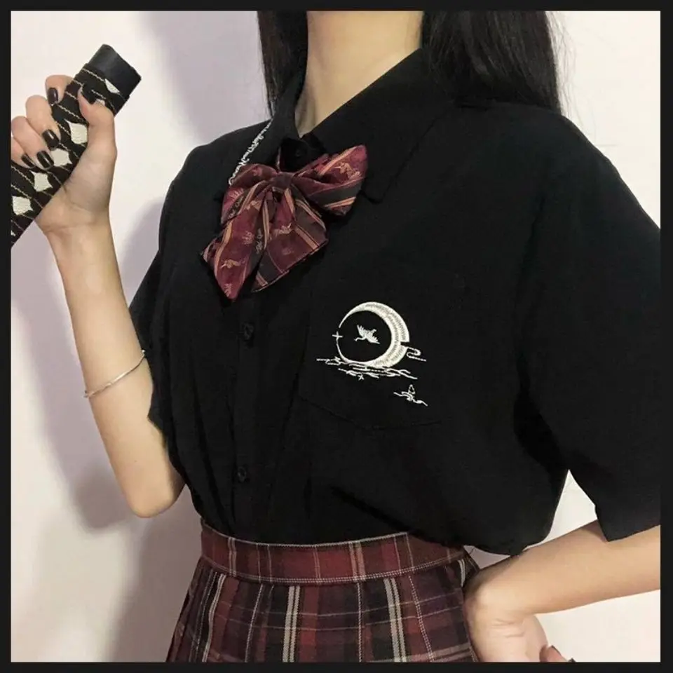 

Women Tops And Bloues Harajuku Vintage Simple Loose Gothic Black White Short Long Sleeve Turn Down Collar Shirt Elegantes 2021