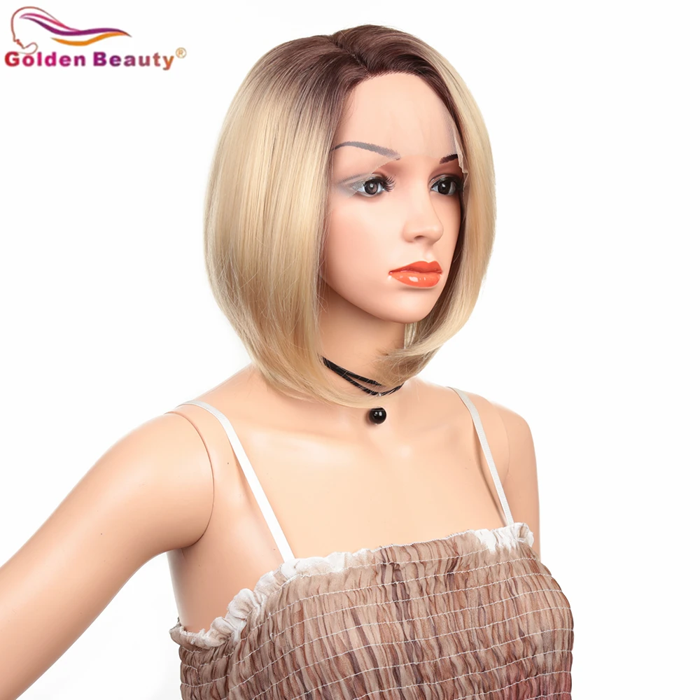 GoldenBeauty 12Inch Short Bobo Straight Wig For Women Synthetic Tpart Lace Wig Blonde Black Wig High Temperature Fiber spiffy straight side bang capless vogue ash black short synthetic wig for elder women