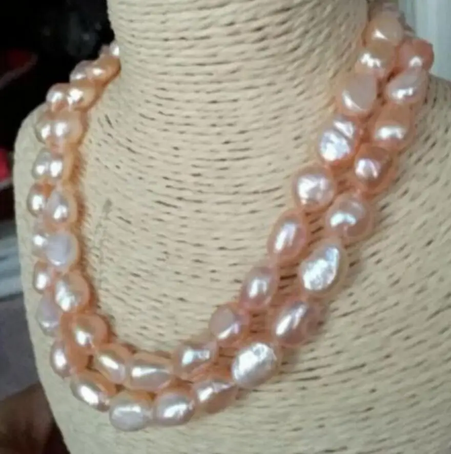 

Free Shipping Natural! 2Row 9-10mm Baroque South Sea Pink Pearl Necklace