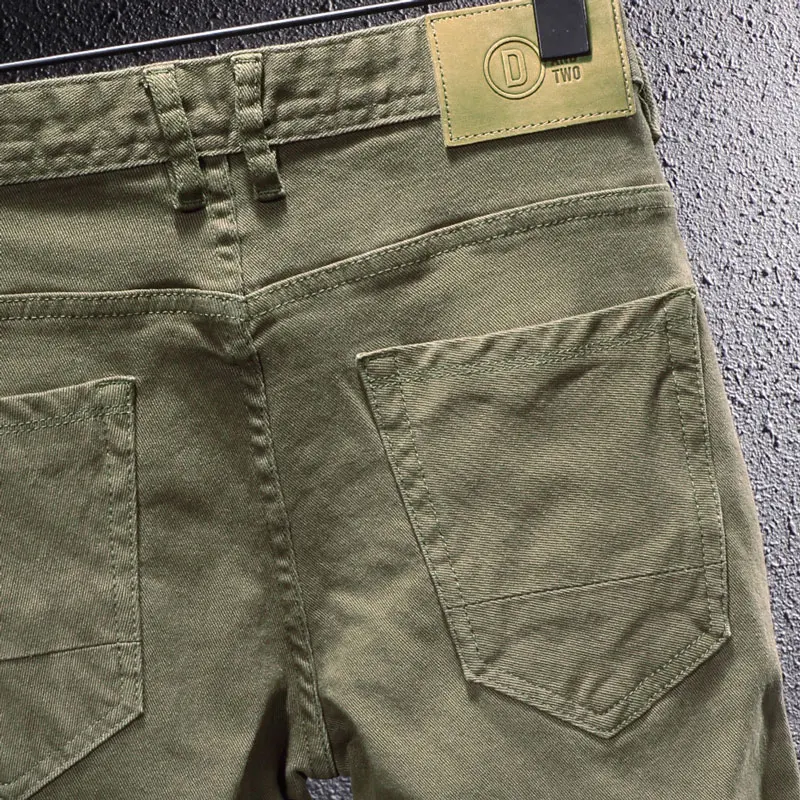 Korean Style Fashion Men Jeans Army Green Elastic Slim Fit Spliced Designer Biker Jeans Men Streetwear Hip Hop Denim Pants Homme