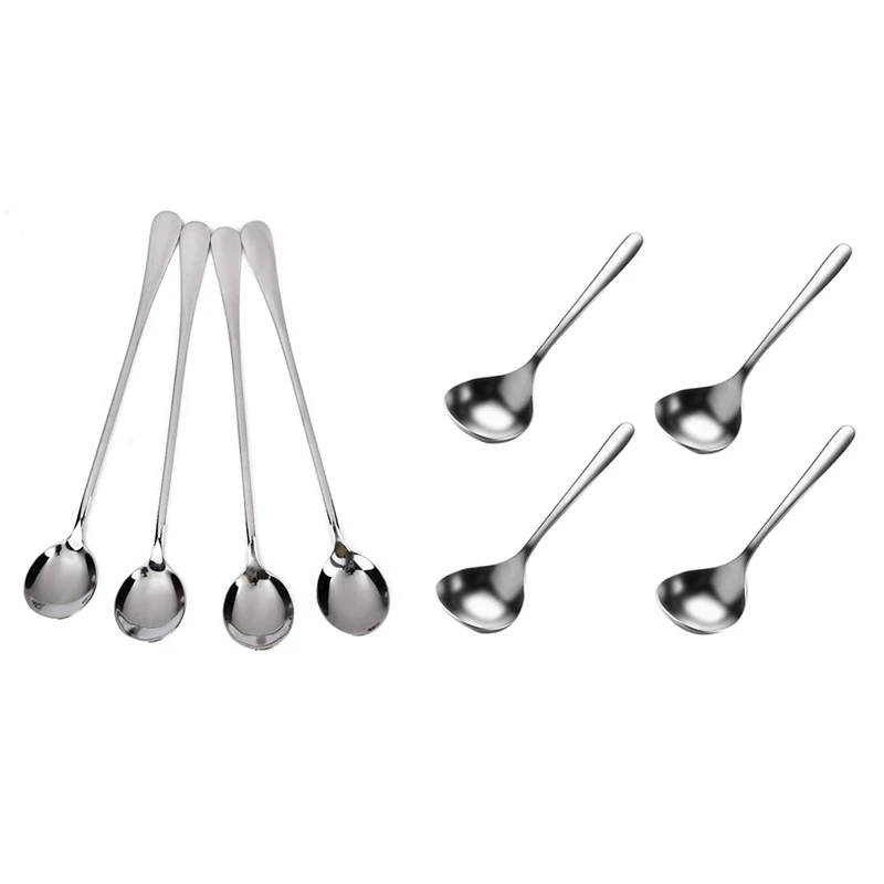 

8 Pcs Spoons: 4 Pcs Super Long Round Head Coffee Spoons & 4 Pcs 6.7Inch Long Handle Soup Spoon