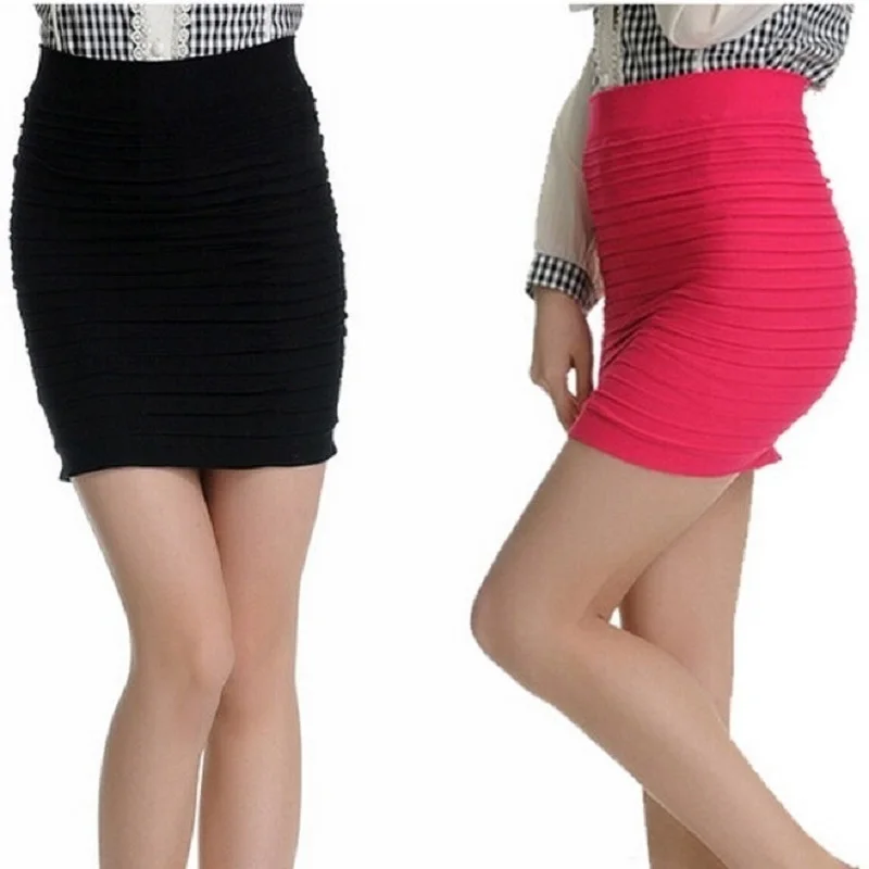 

Good Elastic OL Summer Pleated Women Skirt Candy Color Short Mini Ladies Skirts Elastic Bodycon High Waist Pencil Skirts