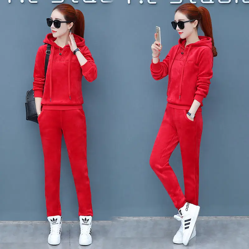 red Matching Sets Autumn Plus Size Casual Loose Velvet Tracksuits 2 Pieces Set Women High Elastic Hooded Sweatshirts And Harem Pants - Цвет: red