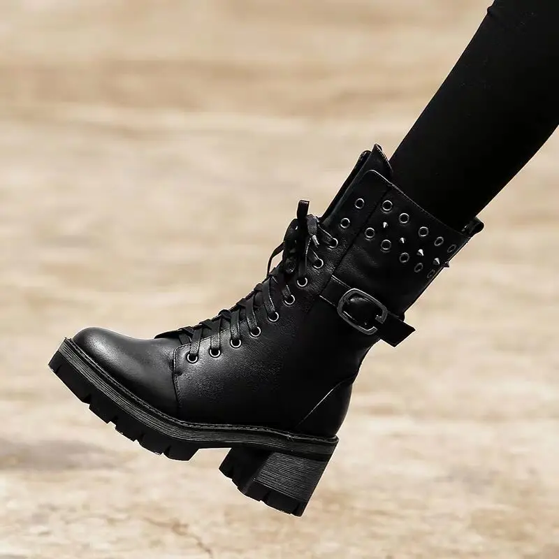 Новое поступление готические сапоги на низком каблуке черные женские кожаные