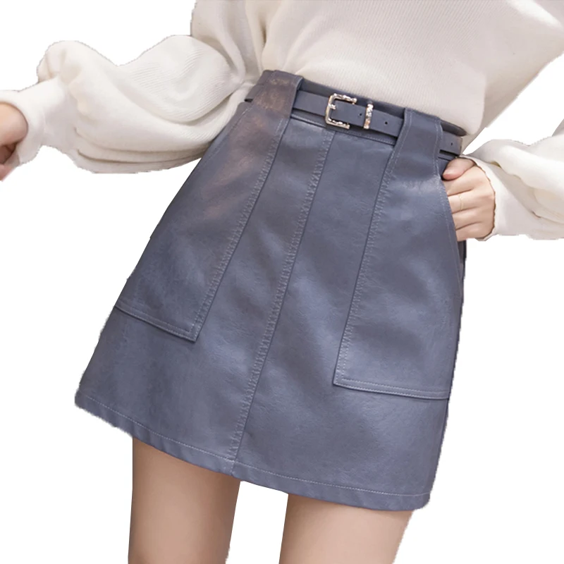 Модная юбка из мягкой кожи женские осенние мини юбки искусственной с поясом