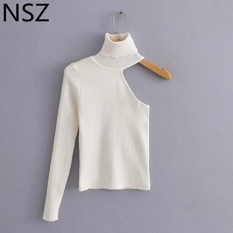 NSZ Women White One Off Shoulder Sweater Turtleneck Knitwear Autumn Knitted Pullover Pull Femme Jumper Female Fashion Top | Женская