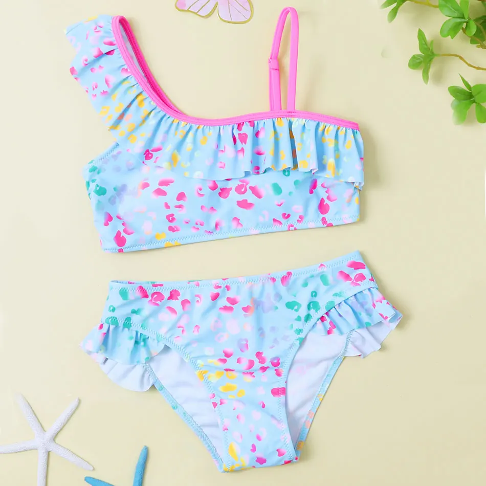 

Купальник для девочек 7-14 лет, Леопардовый, с оборками, купальный костюм из двух предметов, пляжная одежда, 2022