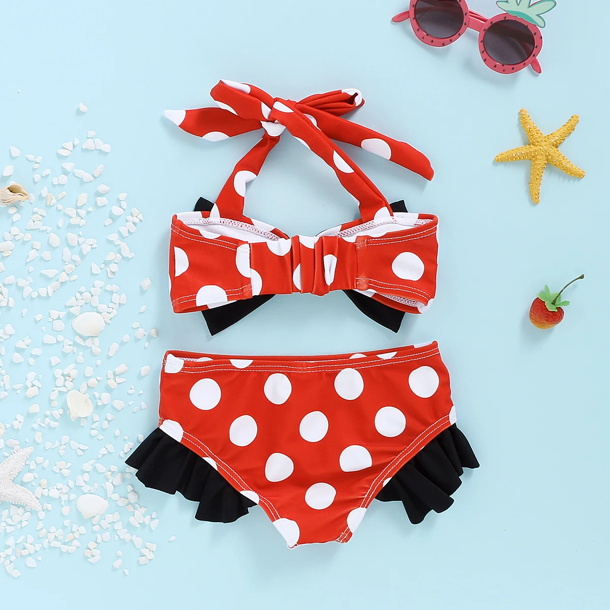 Купальник для девочек красный в горошек из двух частей с бантом и рюшами пляжная