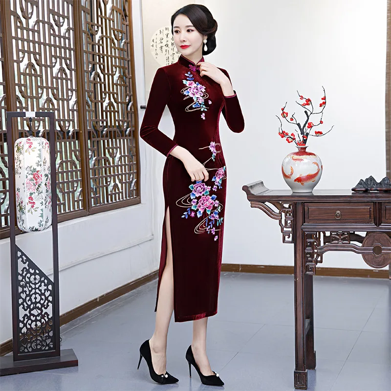Бархат Китайский стиль сексуальная леди Qipao вышивка элегантный тонкий