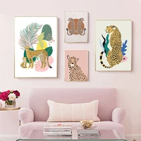safari jungle cheetah family plant leaves wall art canvas painting nordic posters and prints wall pictures for living room decor
