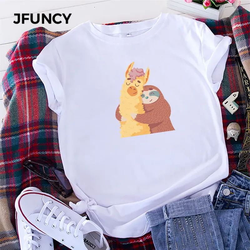 

JFUNCY Plus Size Women Summer T-Shirt Alpaca Printed Woman T Shirt 100% Cotton Short Sleeve Female Tees Lady Tops Casual Tshirt