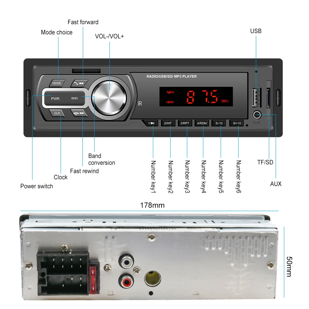 Автомагнитола Podofo 1 DIN 12 В Bluetooth-аудио MP3-плейер USB/SD/AUX-IN с пультом управления |