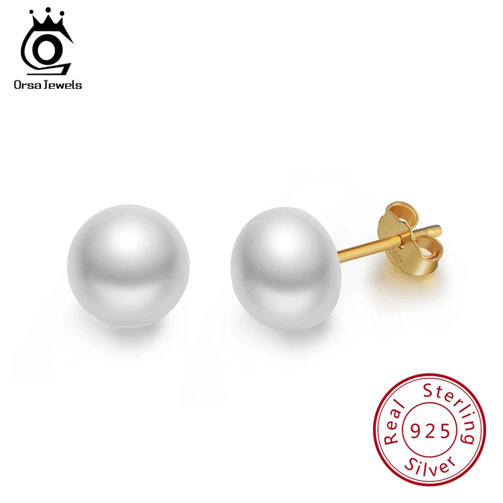 Gold- White Pearl ORSA JEWELS, женские серьги-гвоздики с натуральным пресноводным жемчугом, 8 мм, белый, розовый жемчуг, 925 пробы, серебро, Женские Ювелирные изделия для вечеринки RSE86 - Цвет камня: Gold- White Pearl