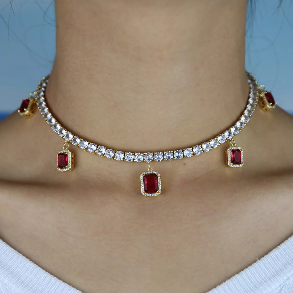 Белый зеленый красный красочный Багет cz падение теннис ожерелье iced out bling чокер для женщин Девушка Роскошные ювелирные изделия