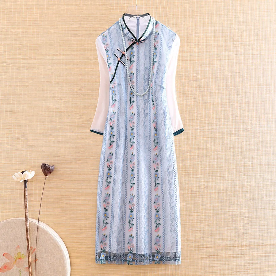 

Высококачественное летнее женское Сетчатое платье Ципао в китайском стиле с вышивкой в стиле ретро, элегантные женские тонкие вечерние пла...