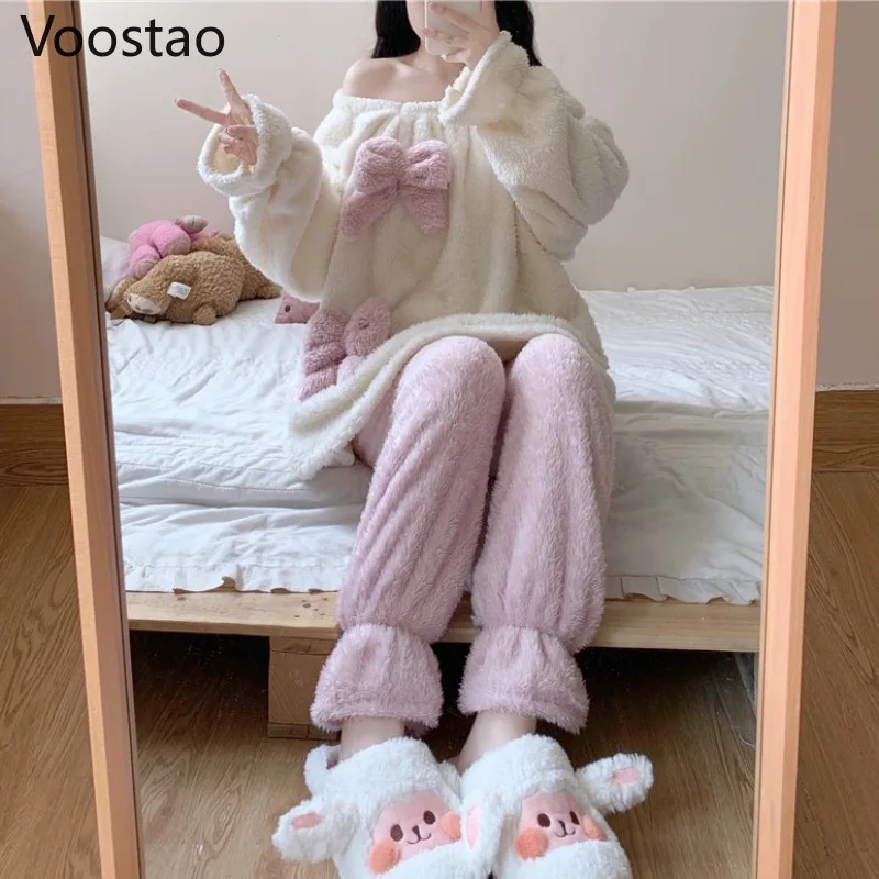 Осенне-зимние женские пижамные комплекты из кораллового флиса с милым бантом