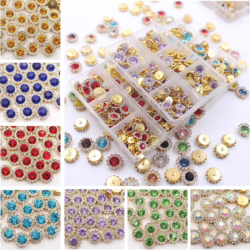 

100pcs Mix Size Flower Lace Fabric Stones Gold Base Glitter Crystals Strass Beads Sew on Rhinestones for Clothes Garment Gems