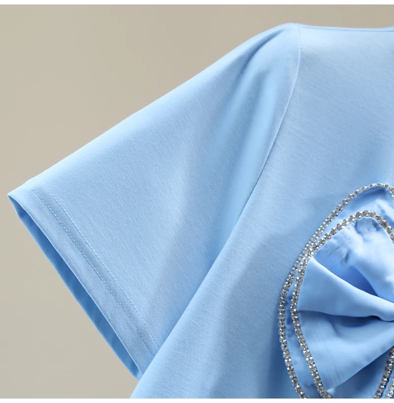 

2021 Summer Korean Style Rhinestone Bow Short Sleeve T-shirt Loose Pure Color Tees Casual Versatile Trendy Sweet Top