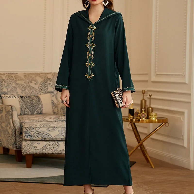 Autumn 2022 New Fashion Women Dress Solid Color Beading Webbing Hooded Long Sleeve Temperament Casual Ladies Robe