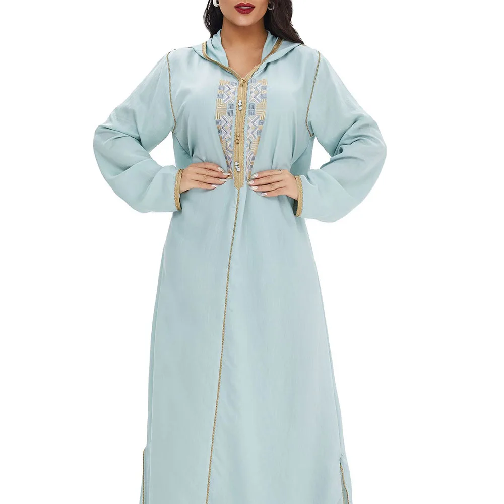 

Muslim Women's Dress Fashion Temperament Casual Loose Oversize Indie Simple Solid Color Embroidery With Hood Long Sleeve