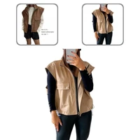 high quality jacket vest side drawstring single breasted pocket slant zip coat vest sleeveless vest women vest