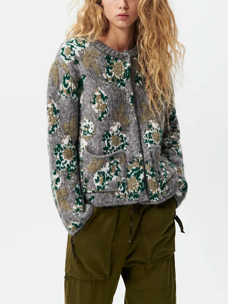 

Кардиган HWLZLTZHT с цветочным рисунком, Женский жаккардовый вязаный свитер, женский кардиган оверсайз с длинным рукавом, женская повседневная ...