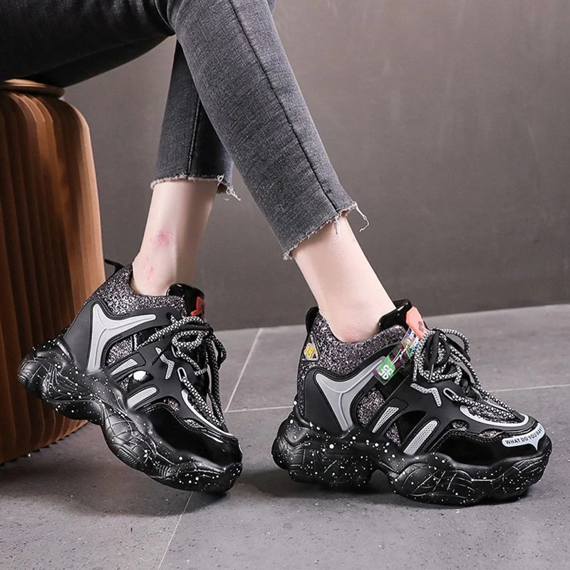 

Pop Silver Glitter Chunky Sneakers Women Spring Nice Super High Heels Platform Sneakers Woman Height Increasing Casual Shoes