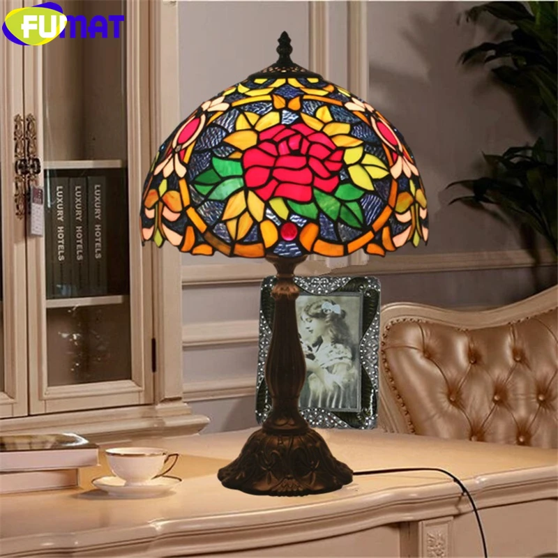 Настольная лампа FUMAT в стиле Тиффани с красно розовым и зеленым листом абажур