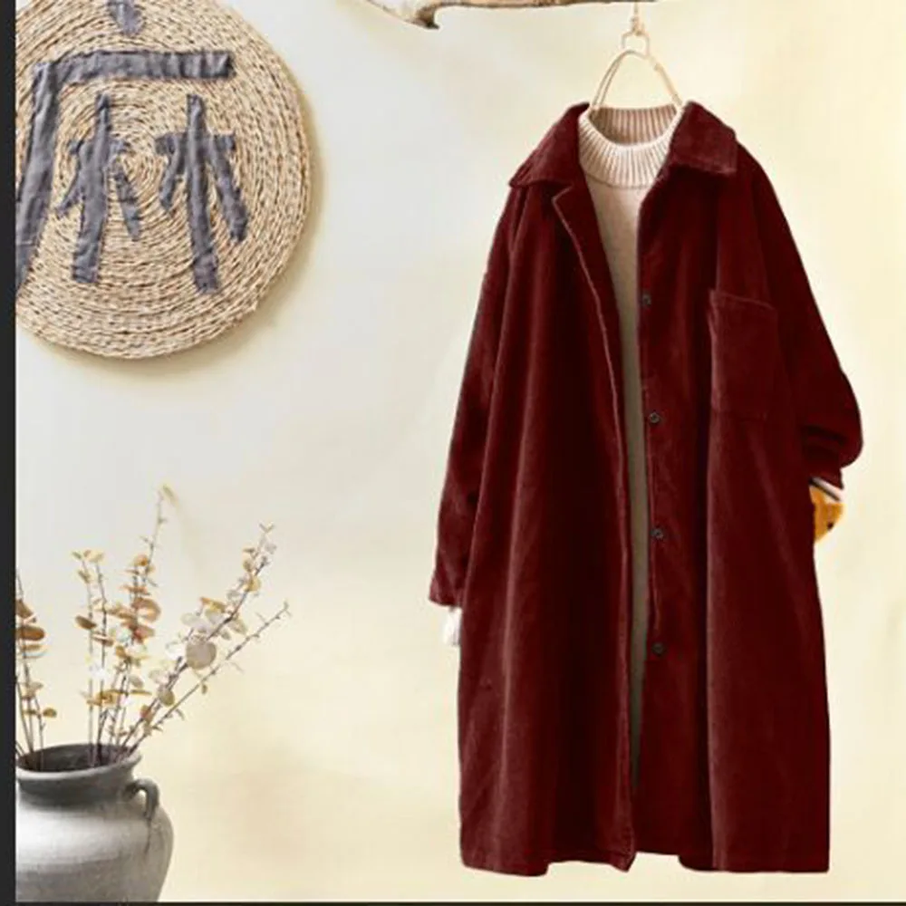 

Autumn Winter Women's Trench Coat Casual Solid Color Button Large Size Corduroy Jackets Ladies Button Long Sleeve Vintage Coats
