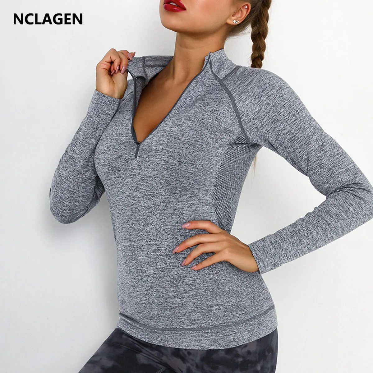 

NCLAGEN Sports Top Women Long Sleeve Zipper Pocket Gym Shirt Fitness Sweater Workout Athletic Active Quick Drying Yoga Blouse