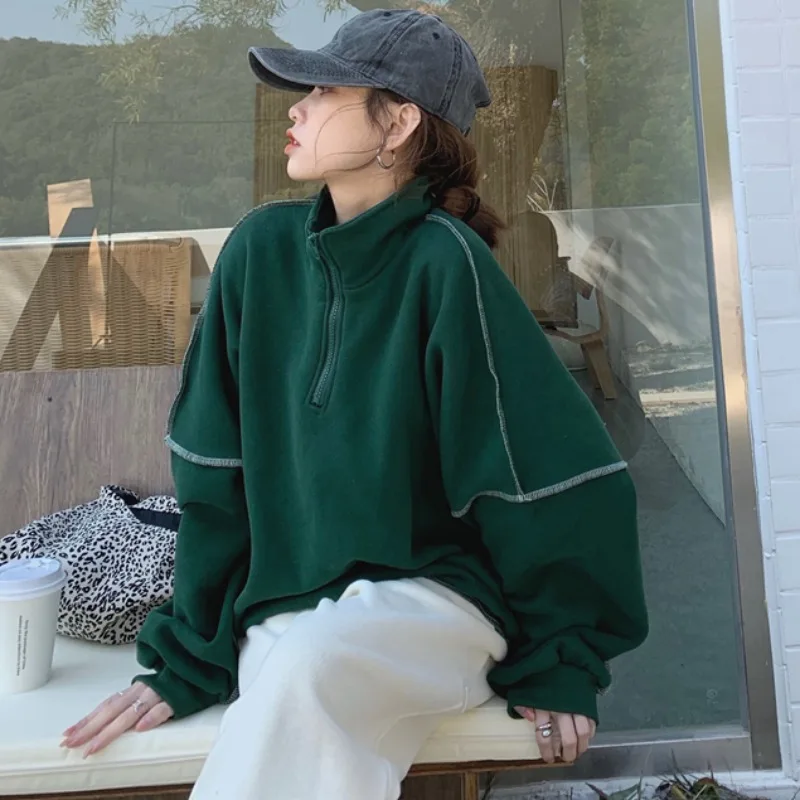 

Однотонный женский свитшот с воротником-стойкой, новинка весны 2021, Свободный Повседневный плотный пуловер на молнии с капюшоном