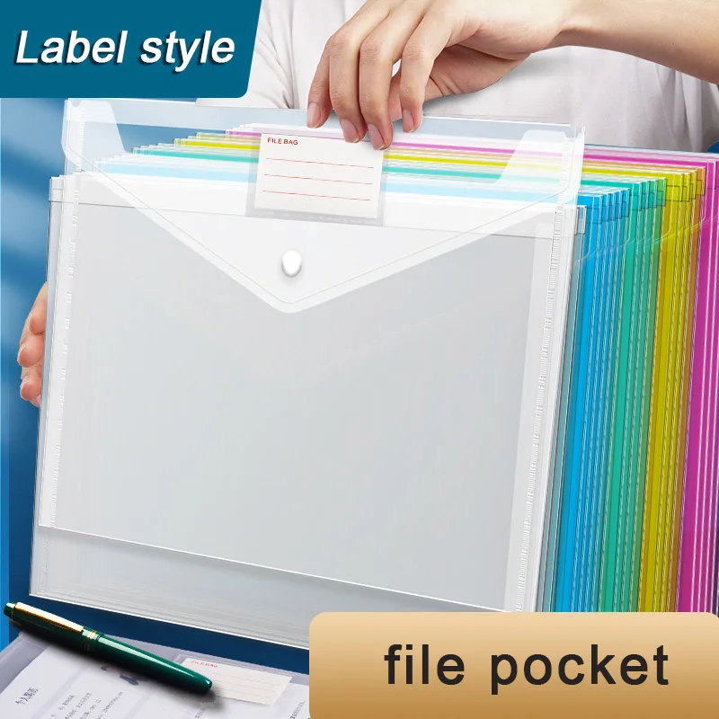 

30pcs Thick File Bag Transparent Waterproof A4 Snap-type Plastic Information Bag Portfolio Storage Bag Folder Office Supplies