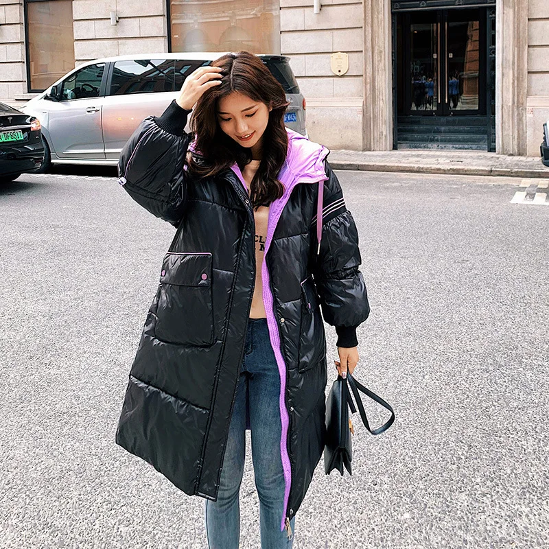 

Oversize Winter Jacket Woman Long Hooded Warm Parka 2020 Loose Fit Fashion Glossy Silver Down Padded Jacket Coat
