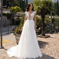 sodigne short sleeves wedding dress lace appliques sexy v back tulle wedding gowns white women plus size bridal dresses