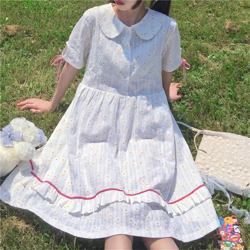 

Japanese cute little fresh daisy floral doll collar loose short-sleeved mid-length white dress mori girl summer dresses female
