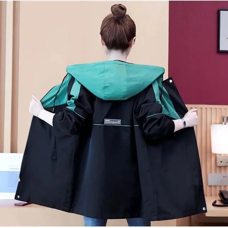 2022 модная Женская Длинная ветровка с капюшоном в стиле пэчворк на весну и осень